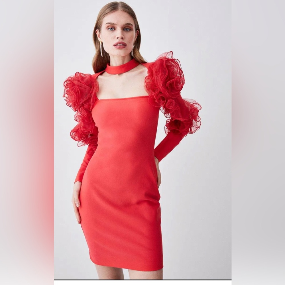 KAREN MILLEN Tulle Detail Ponte Mini Dress Size US 2